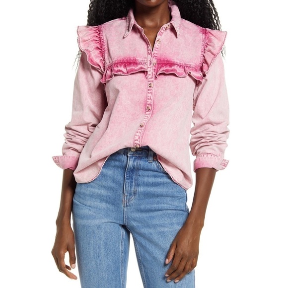 Free People Tops - Free People Samantha Pink Acid Wash Ruffle Denim Button Down Top XS